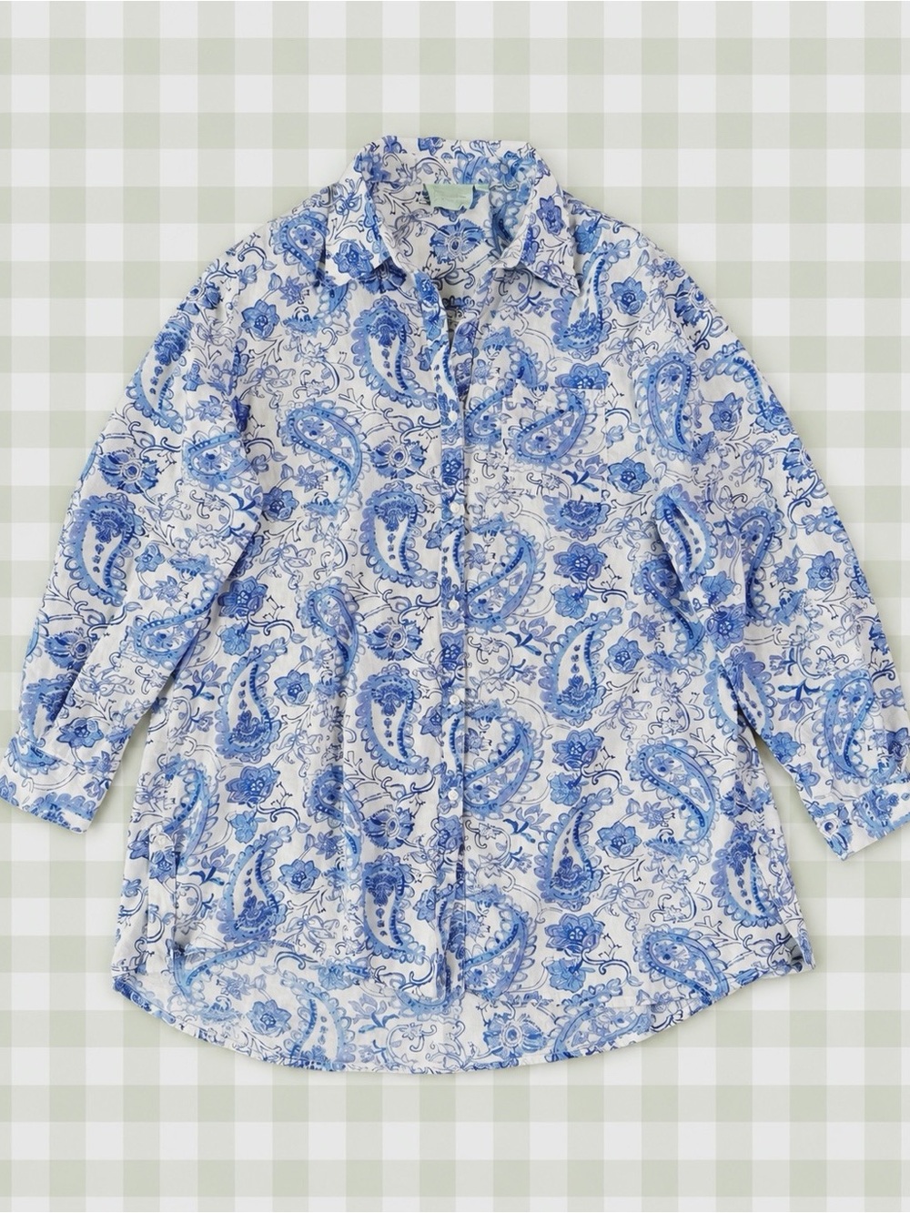 True Destinations Woman Blue White Paisley Light Cotton Relax Button Down LARGE